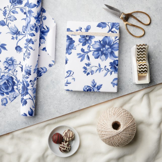 Papel de embrulho floral azul elegante (Artesanato)
