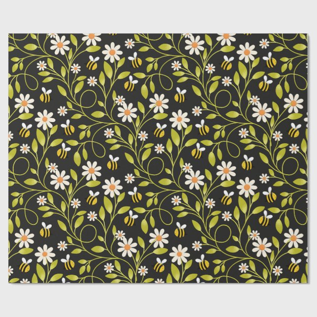 Papel de embrulho floral Bee & Daisy Preto Botânic (Aberto)