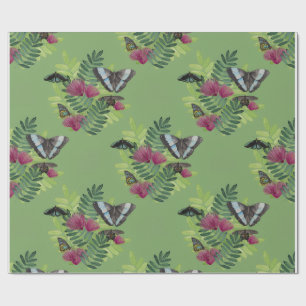 Papel de Embrulho Floral Borboleta Aquarela Verde
