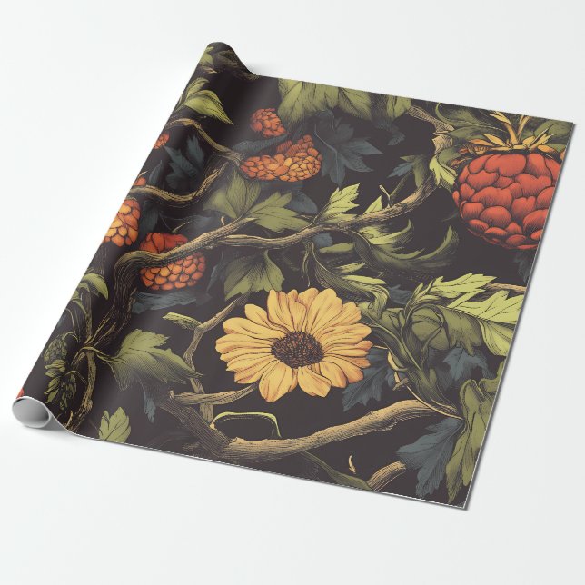 Papel de embrulho floral botânico Fogo de Outono (Desenrolado)