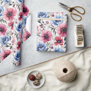 Papel de embrulho floral botânico rosa azul