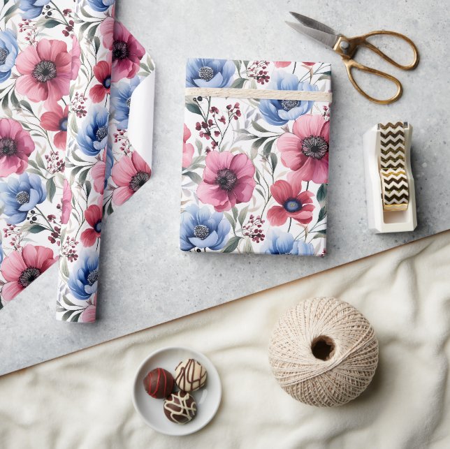 Papel de embrulho floral botânico rosa azul (Artesanato)