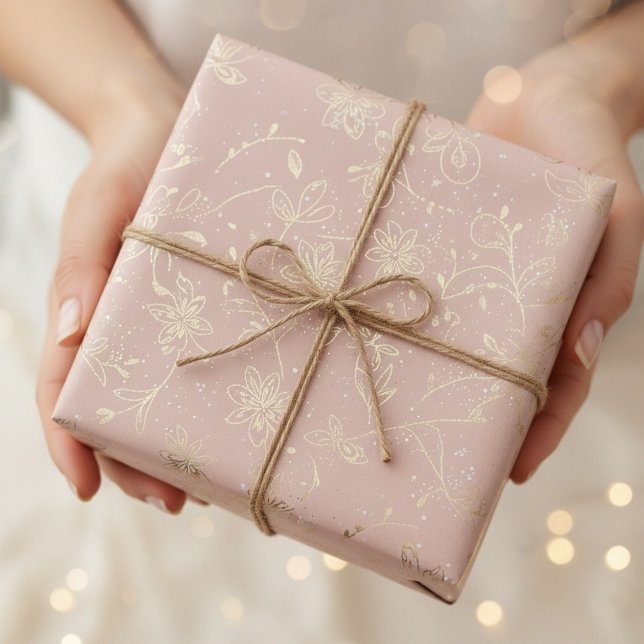Papel de Embrulho Floral com Folha Dourada Rosa Be (Elegant Blush Pink Gold Foil Floral Wrapping Paper)