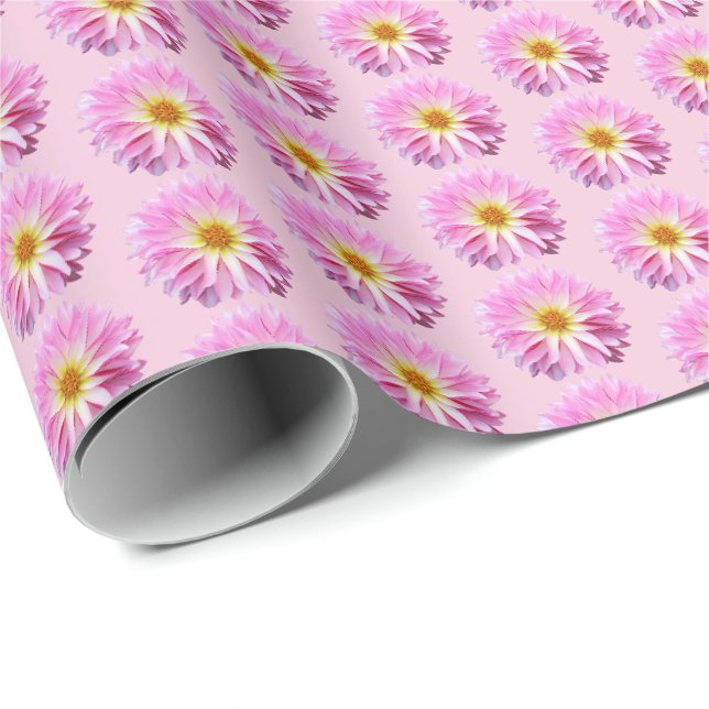 Papel de embrulho floral dália rosa com flores (Ponta do rolo)