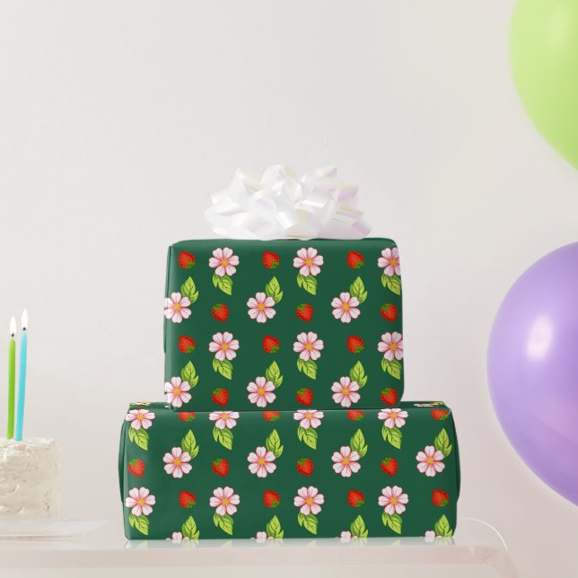 Papel de Embrulho Floral de Morango Doce (Presentes para festas)
