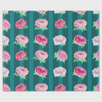 Papel de Embrulho Floral de Peônia com Listras em