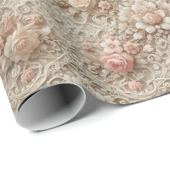 Papel de Embrulho Floral de Renda Elegante (Ponta do rolo)