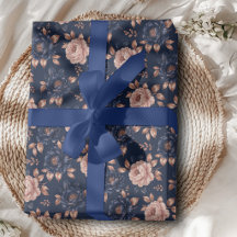 Papel de embrulho floral em azul marinho e dourado