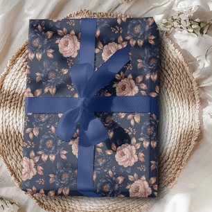 Papel de embrulho floral em azul marinho e dourado