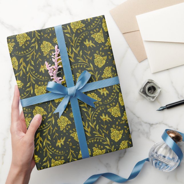 Papel de embrulho floral Preto & Dourado (Presentear)