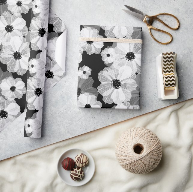 Papel de embrulho floral preto e branco (Artesanato)