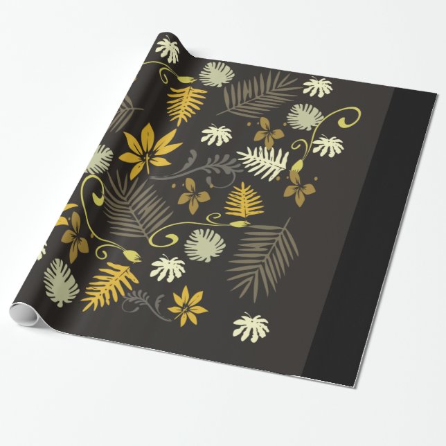 Papel de embrulho Floral Preto & Ouro 30" x 6', Gl (Desenrolado)