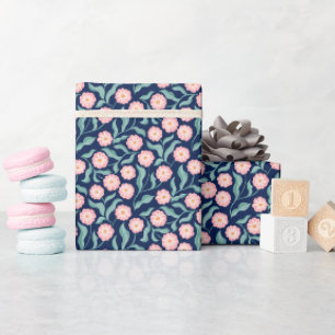 Papel de embrulho floral rosa azul-marinho Botân