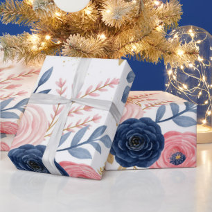 Papel de embrulho floral rosa e azul naval