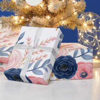 Papel de embrulho floral rosa e azul naval