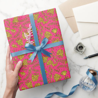 Papel de embrulho floral rosa e dourado