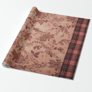 Papel de embrulho floral rosa vintage e xadrez