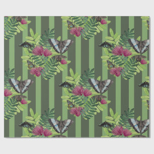 Papel de embrulho floral tropical borboleta listra