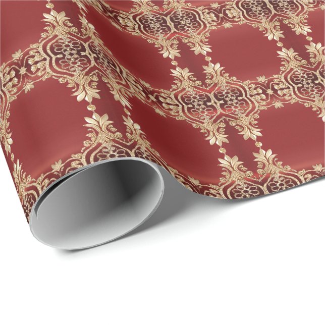 Papel de embrulho floral vermelho dourado moderno (Ponta do rolo)