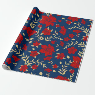 Papel de embrulho floral vermelho e dourado