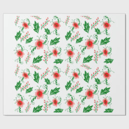 Papel de embrulho floral vermelho festivo e folhag