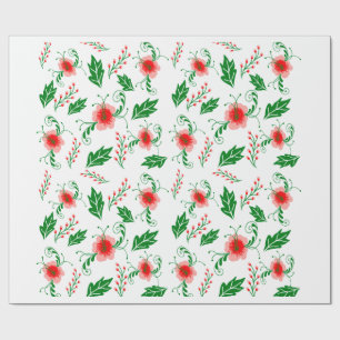Papel de embrulho floral vermelho festivo e folhag