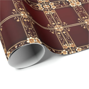 Papel de embrulho Flores Douradas Borgonha