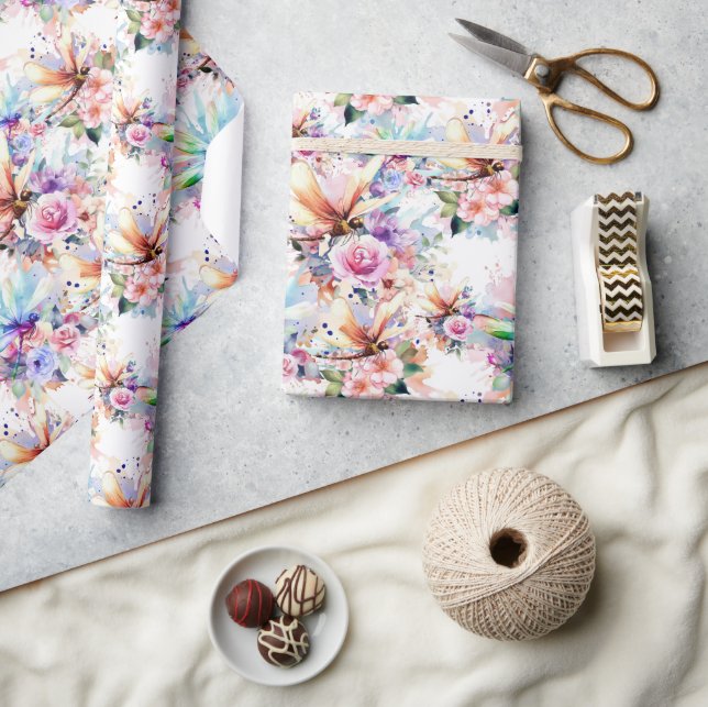 Papel de embrulho Flores e Libélulas (Artesanato)