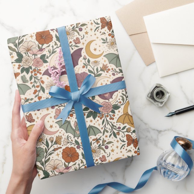 Papel de Embrulho Flores Lua Morcegos Voadores Gót (Presentear)