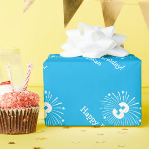 Papel de embrulho fofo azul para aniversário de 3