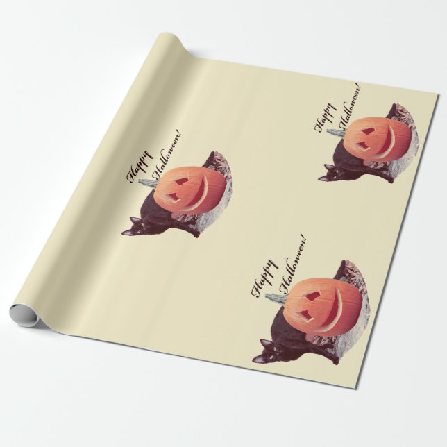 Papel de embrulho Gato & Abóbora Feliz Halloween (Desenrolado)