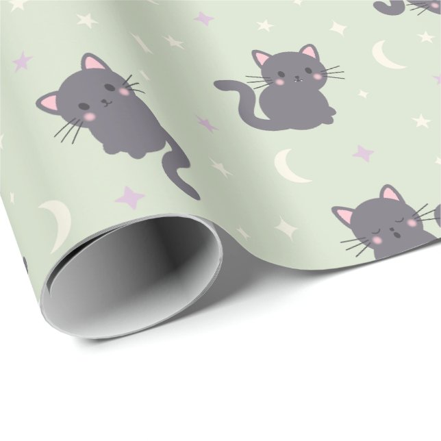 Papel de embrulho Gato Cinza Fofo Sage (Ponta do rolo)