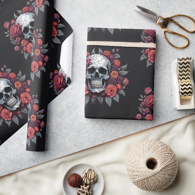 Papel de embrulho gótico de Halloween com caveira  (🌹 Elegance in Darkness: Gothic Halloween Wrapping Paper! 👻)
