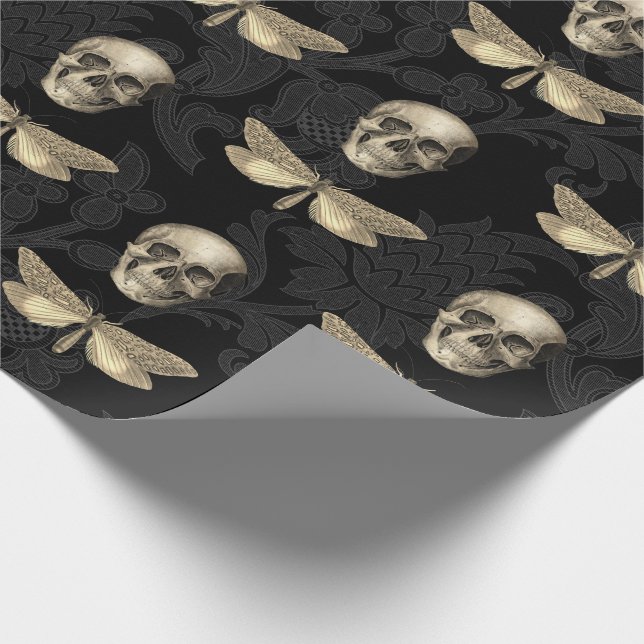 Papel de embrulho gótico de renda preta com caveir (Ponta)