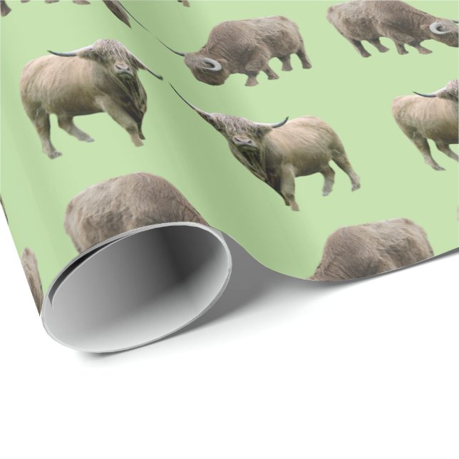 Papel de embrulho Highland Cow Frenzy (Verde) (Ponta do rolo)