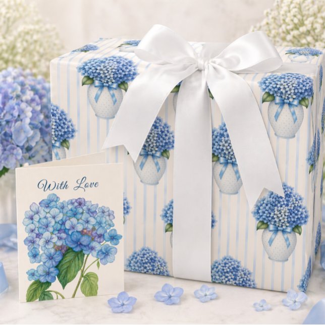 Papel de Embrulho Hortênsia Azul Presente Floral E (Create a beautiful gift with hydrangea wrap and matching card—shop the complete look today)