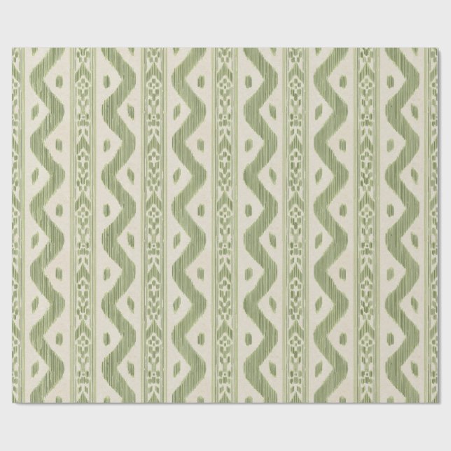Papel de embrulho Ikat verde e creme, Listra tecid (Aberto)
