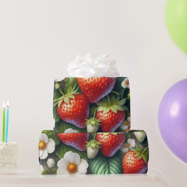 Papel de embrulho impresso com morango de verão (Presentes para festas)