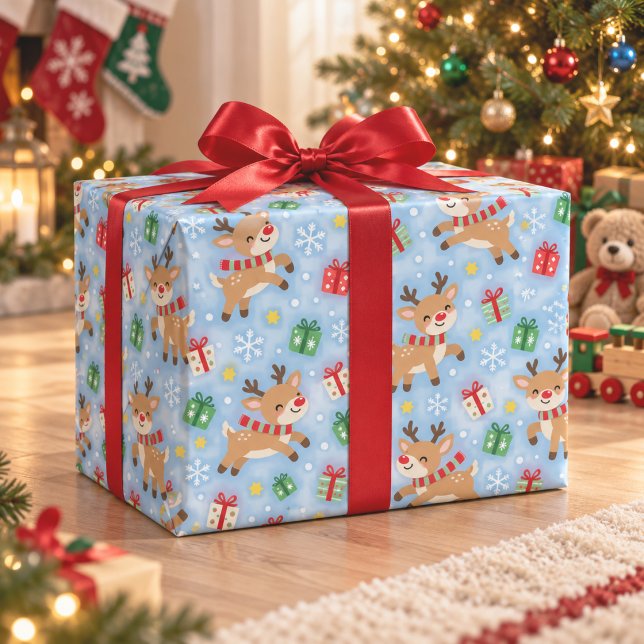 Papel de embrulho infantil Natal azul com renas fo (Criador carregado)