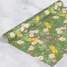 Papel de embrulho Jardim de Rosas Vintage em Verde