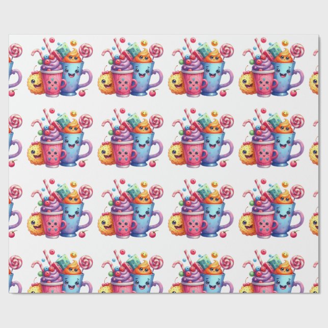 Papel de embrulho Kawaii Sweets & Coffee Cups Cute (Aberto)