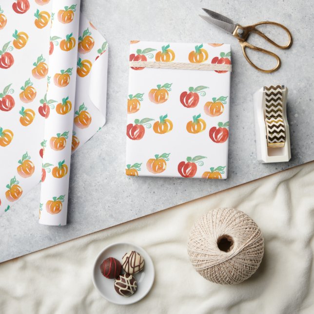 Papel de embrulho laranja pintado à mão com abóbor (Artesanato)