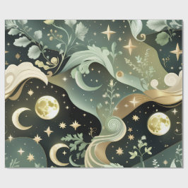 Papel de Embrulho - Lua Celestial Verde Sage