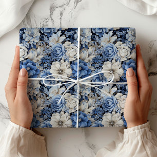 Papel de embrulho moderno floral azul branco marfi