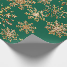 Papel de embrulho Natal em ouro e verde com flocos