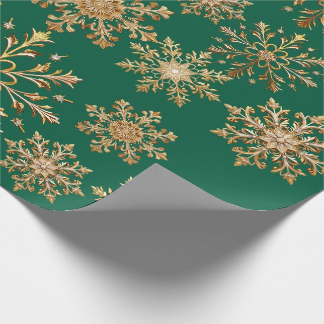 Papel de embrulho Natal em ouro e verde com flocos (Ponta)