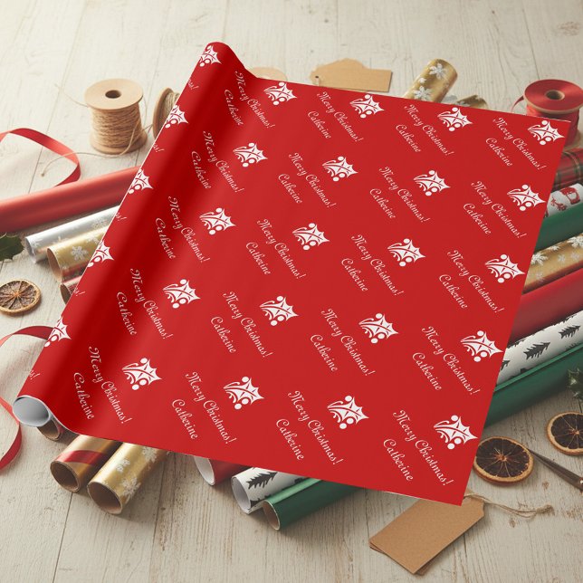 Papel de embrulho Natal feliz com nome personaliza (Red Christmas wrapping paper with holly leafs pattern)