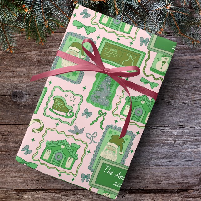 Papel de embrulho natalino verde rosa com nome per (Criador carregado)