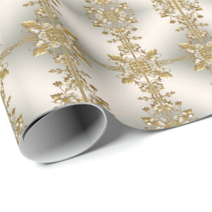 Papel de embrulho ornamentado dourado floral branc