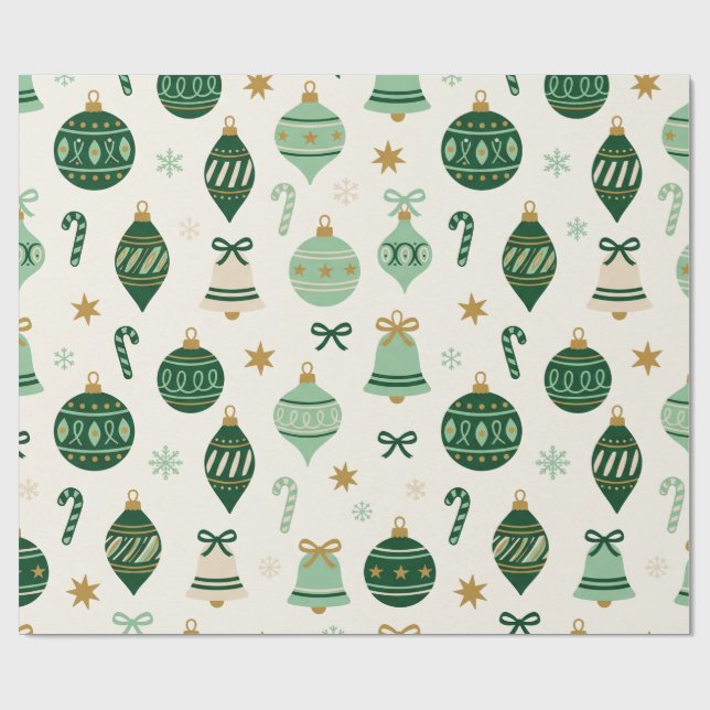 Papel de embrulho padrão de enfeites de Natal verd (Aberto)